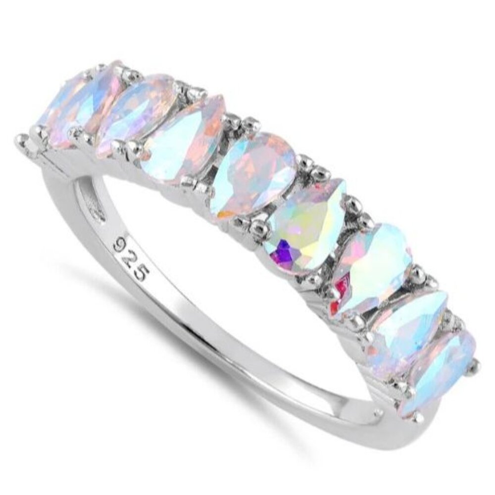 925 STERLING SILVER Aurora Borealis Cubic Zirconia Band Ring - Picture 16 of 16